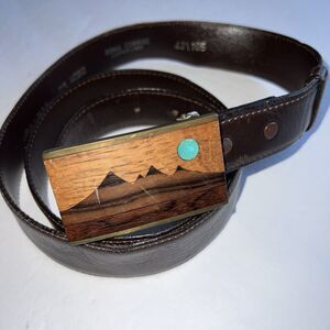 Kenneth Reid Brown Leather Belt Wood Turquoise Inlay Buckle Western USA 42